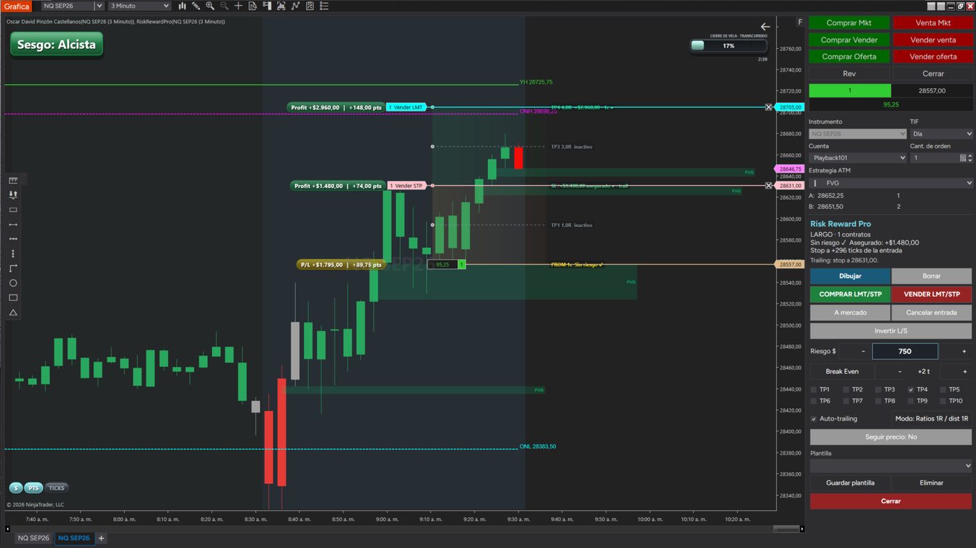 Risk Reward Pro en una operación real de NQ con trailing activo y ganancia asegurada